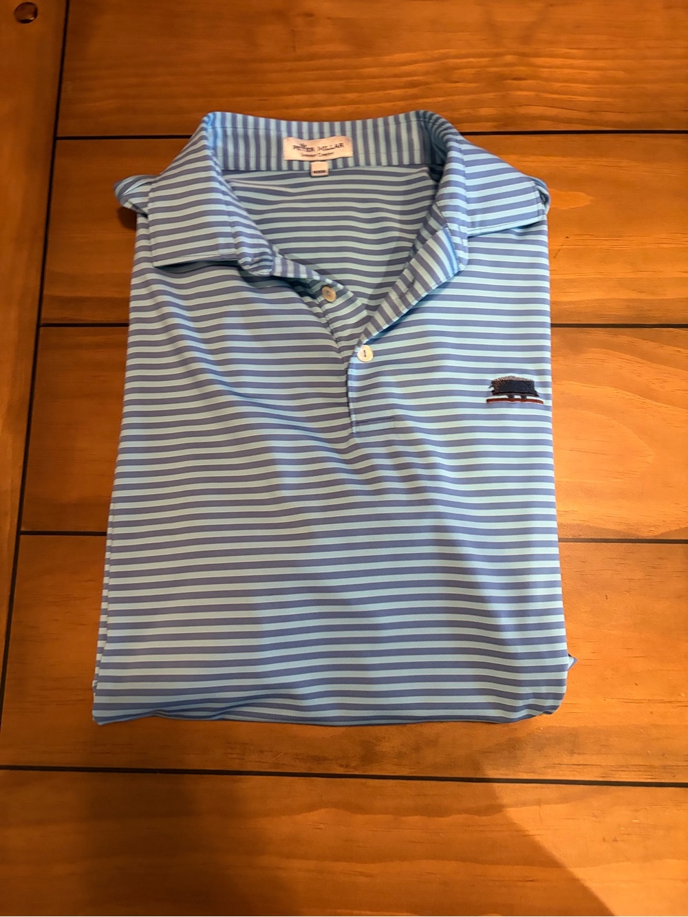 Light Blue Striped Men’s Golf Polo Performance Fabric Large Logo Peter Millar